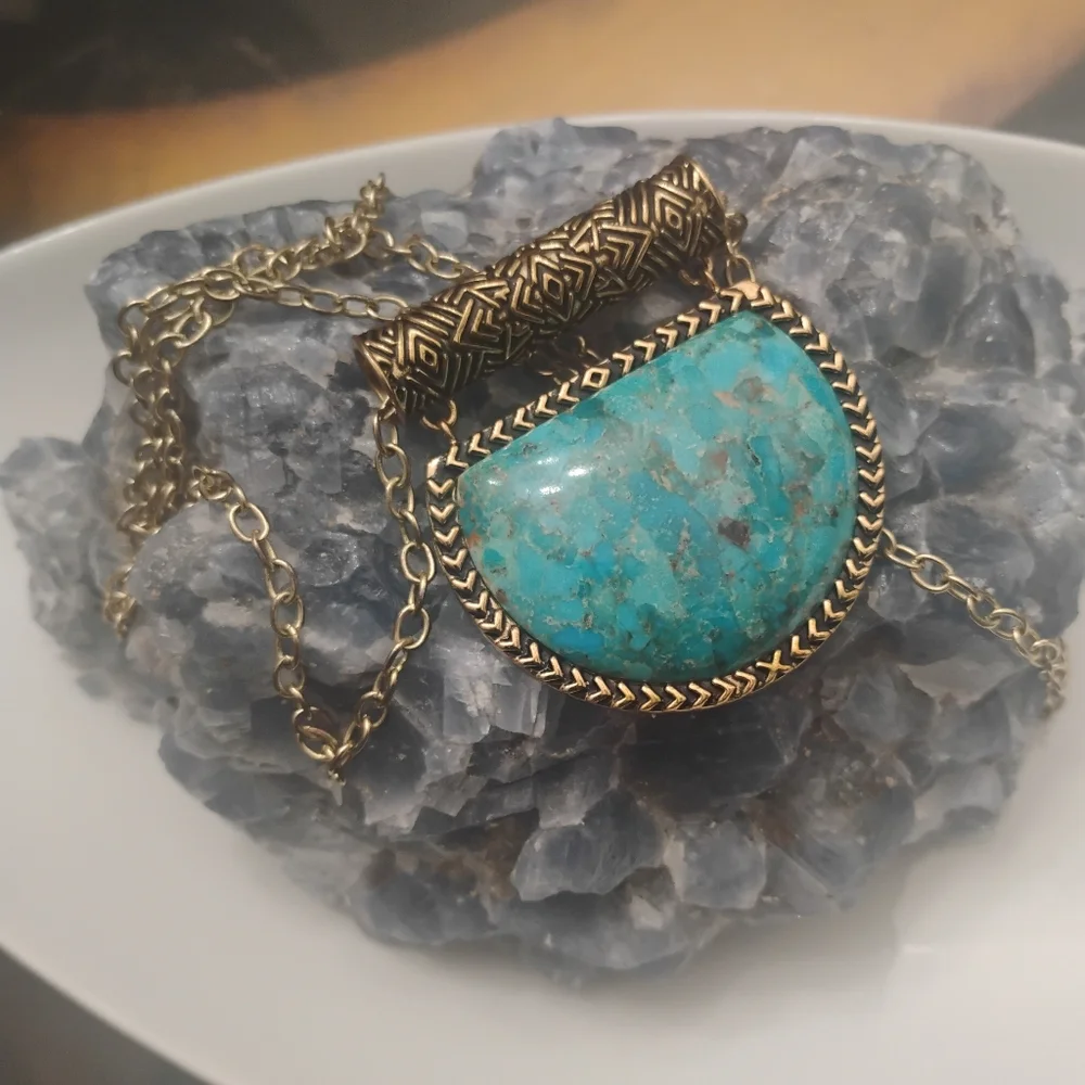 Kingman Turquoise and Bronze Half Moon Pendant with Necklace by Studio Barse - Picture 10 of 10